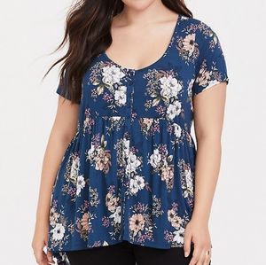 Blue floral button front babydoll tee